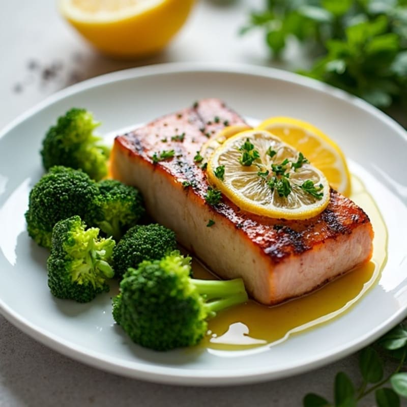 Seared Tuna Steak with Steamed Broccoli and Lemon