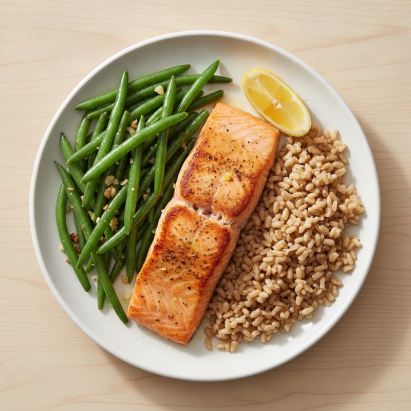 Seared Salmon Fillet with Garlic Green Beans and Brown Rice