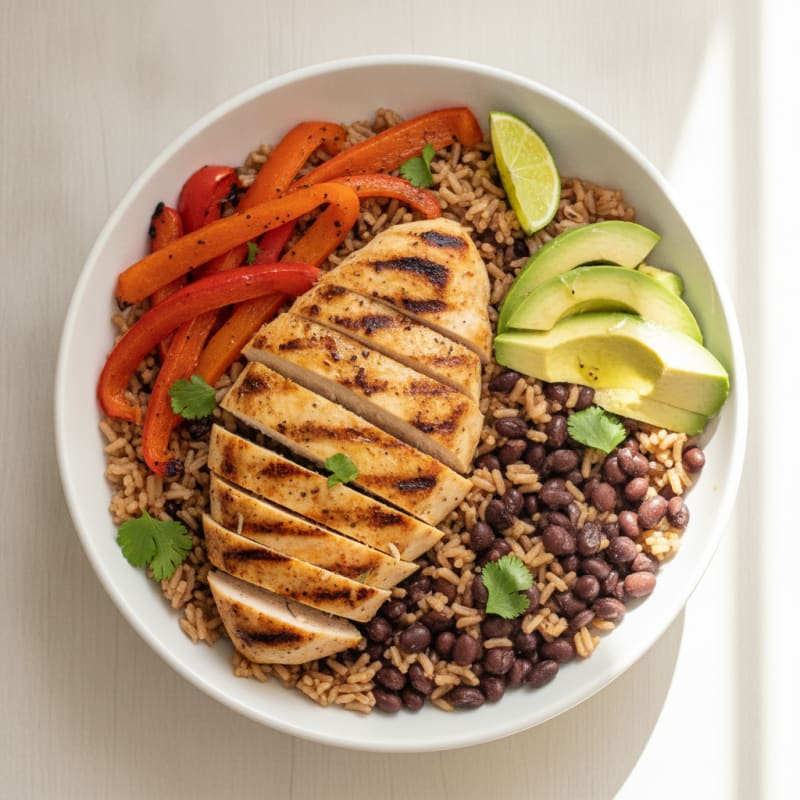 Grilled Chicken and Black Bean Rice Bowl with Roasted Peppers