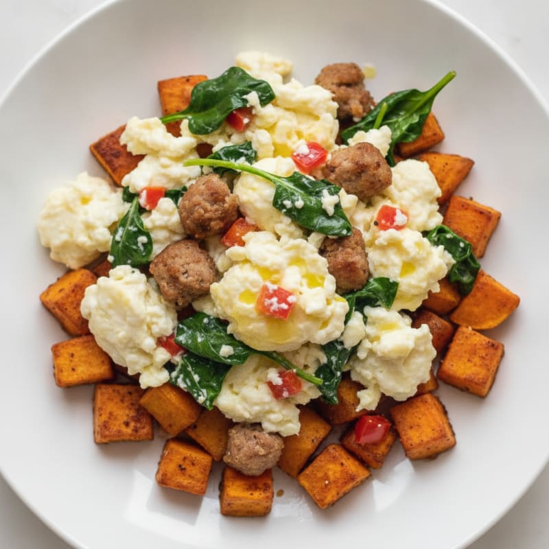 Egg White Scramble with Turkey Sausage and Roasted Sweet Potatoes