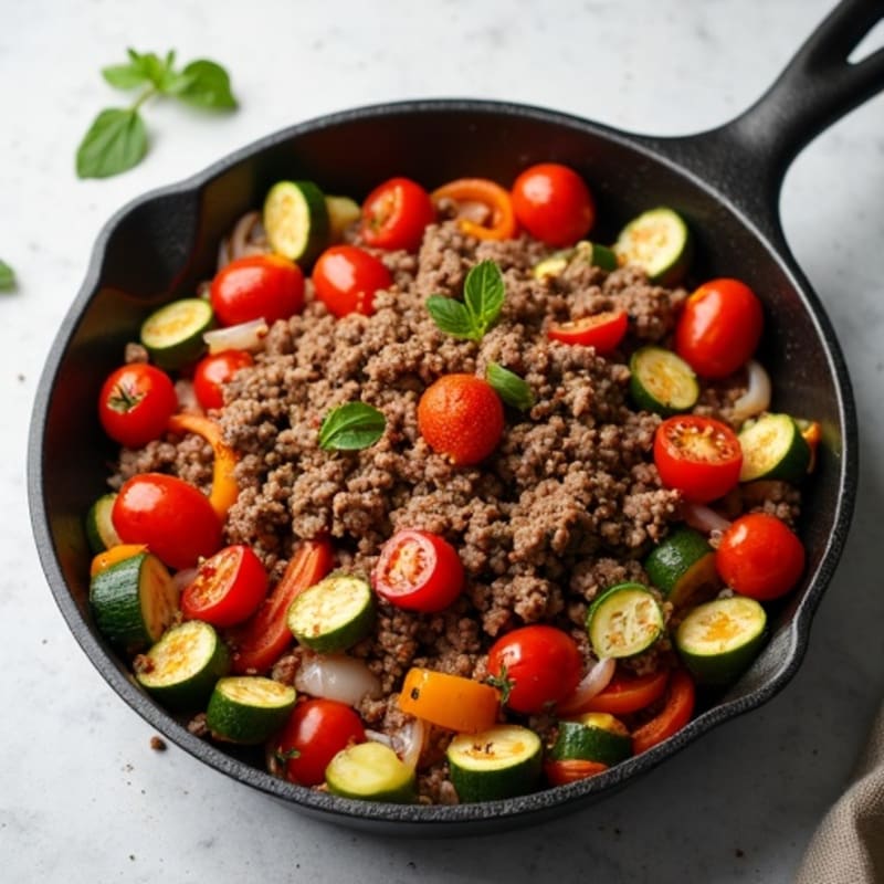 Hearty Lean Ground Beef and Roasted Vegetable Skillet