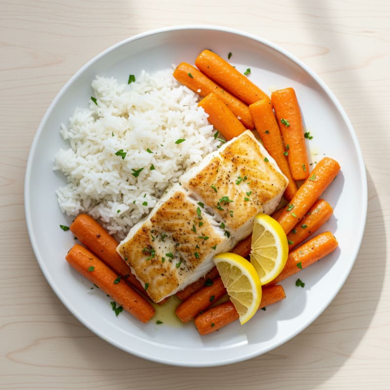 Grilled Fish with Steamed Rice and Roasted Carrots