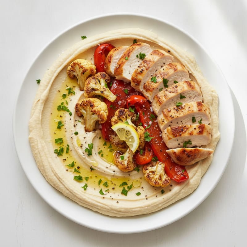 Mediterranean Hummus Platter with Roasted Chicken and Vegetables