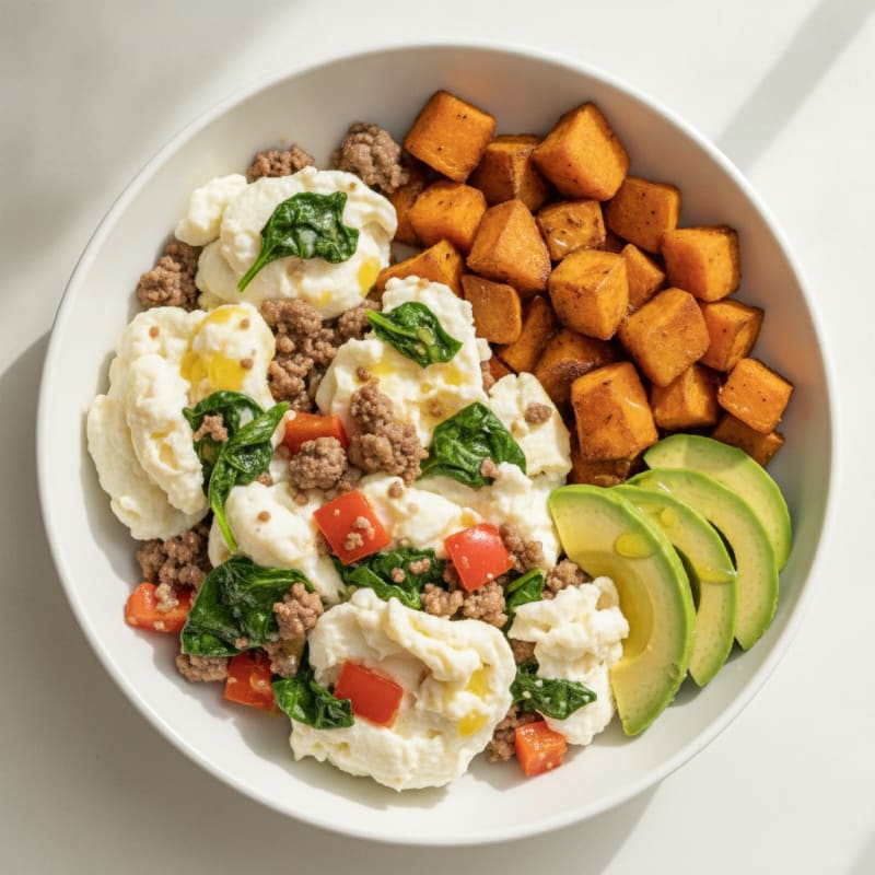 Egg White Scramble with Lean Ground Beef and Spinach