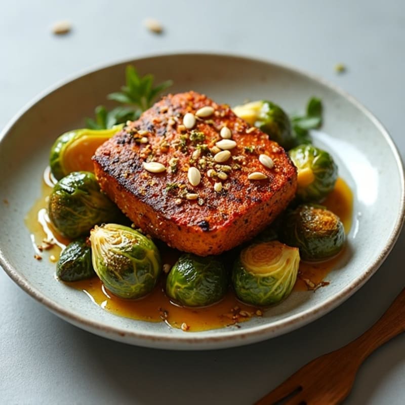 Smoky Seitan with Crispy Roasted Brussels Sprouts and Toasted Pumpkin Seeds