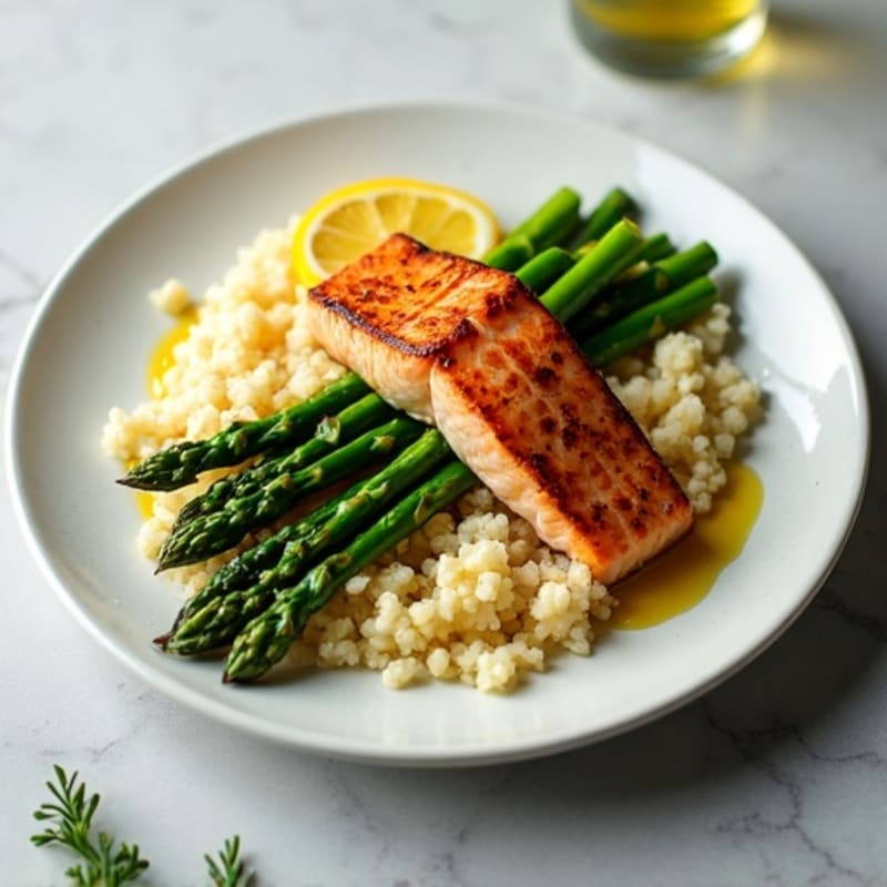 Seared Salmon with Steamed Asparagus and Cauliflower Rice