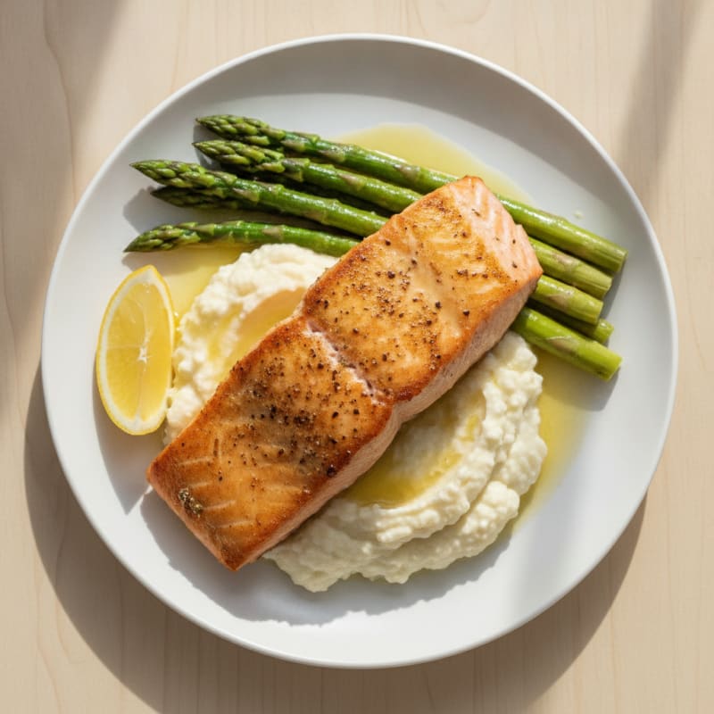Seared Salmon with Steamed Asparagus and Garlic Cauliflower Mash