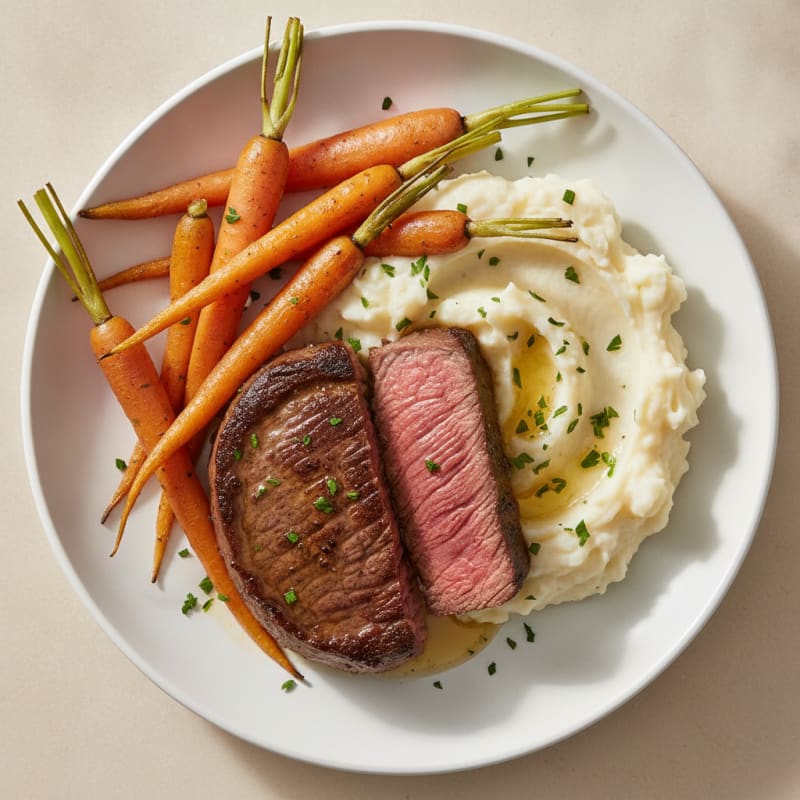 Seared Steak with Roasted Carrots and Garlic Mashed Potatoes