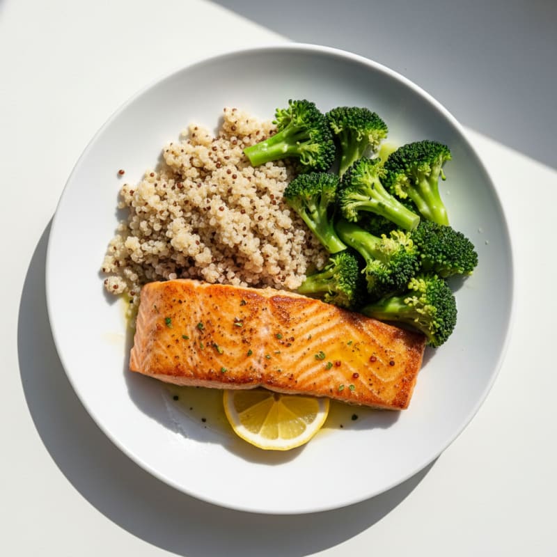 Seared Salmon with Steamed Broccoli and Quinoa