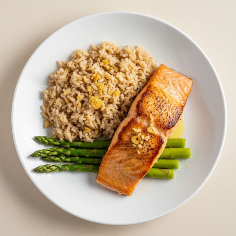 Seared Salmon Fillet with Steamed Asparagus and Garlic Brown Rice