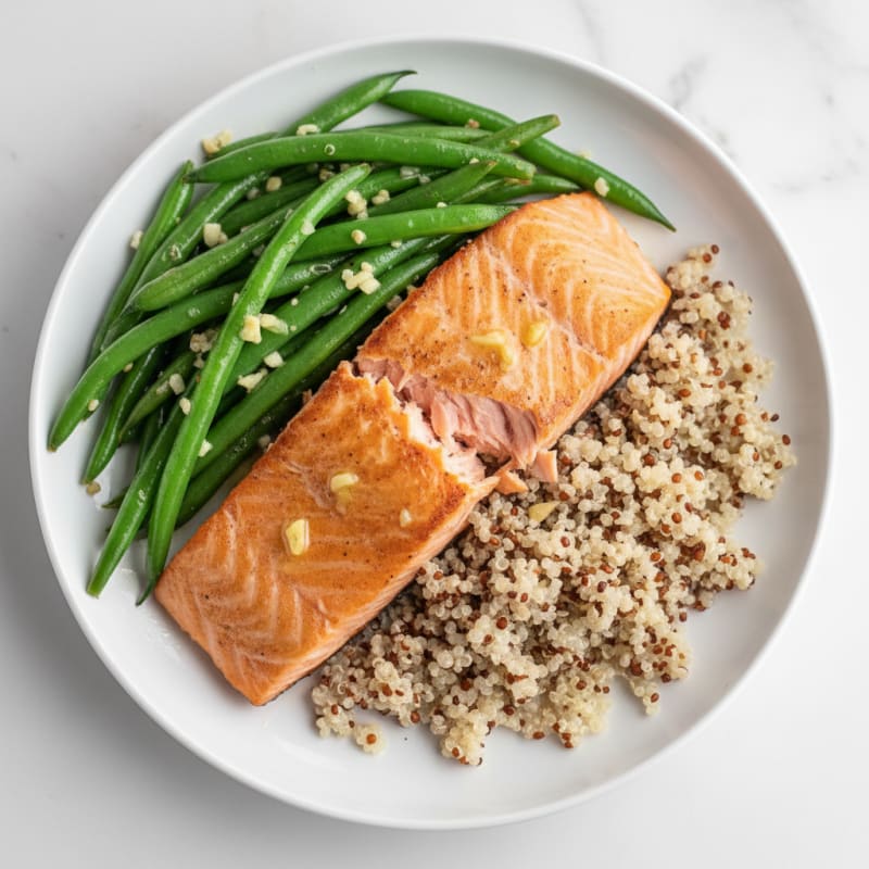 Seared Salmon Filet with Garlic Green Beans and Quinoa