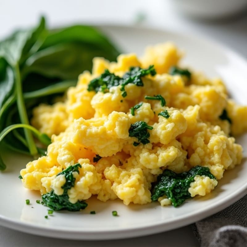 Fluffy Scrambled Eggs with Fresh Herbs and Sautéed Spinach