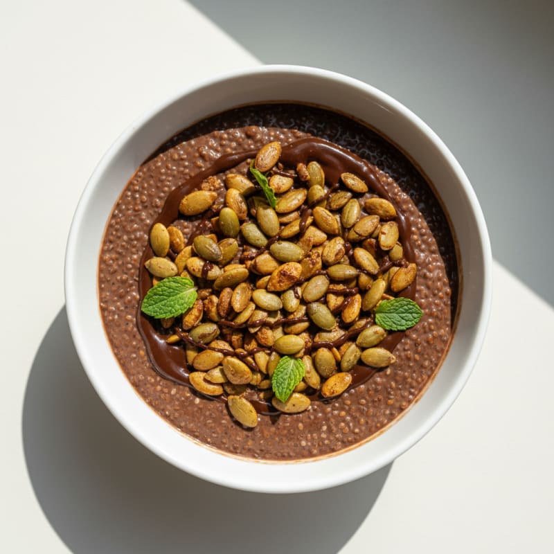 Chocolate Protein Chia Pudding with Toasted Pumpkin Seeds