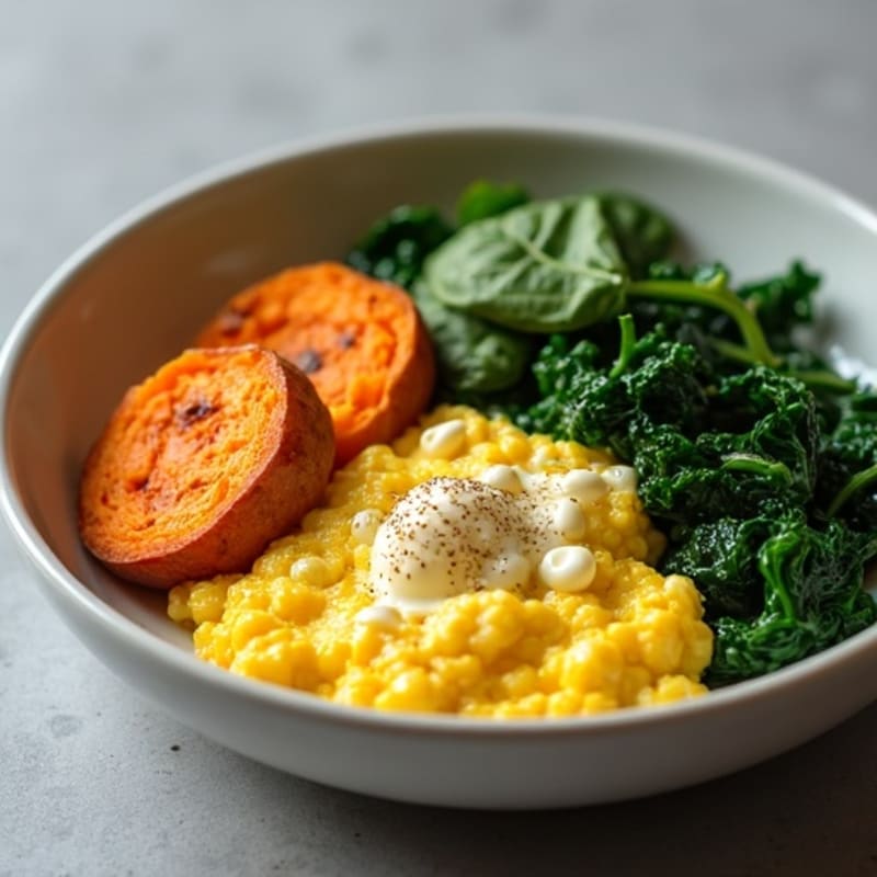 Fluffy Scrambled Eggs with Sautéed Spinach and Roasted Sweet Potatoes