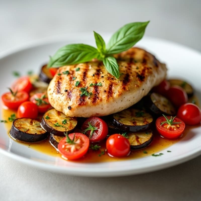Baked Eggplant with Fresh Tomato and Herbs with Grilled Chicken