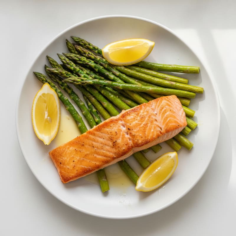 Seared Salmon with Roasted Asparagus and Lemon