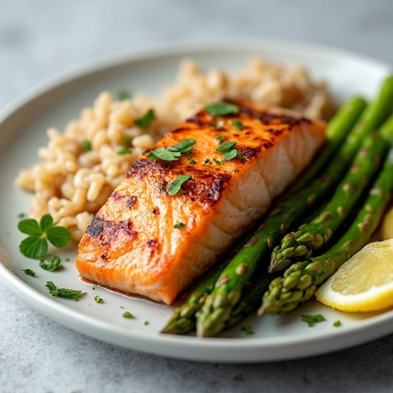 Seared Salmon with Steamed Asparagus and Brown Rice