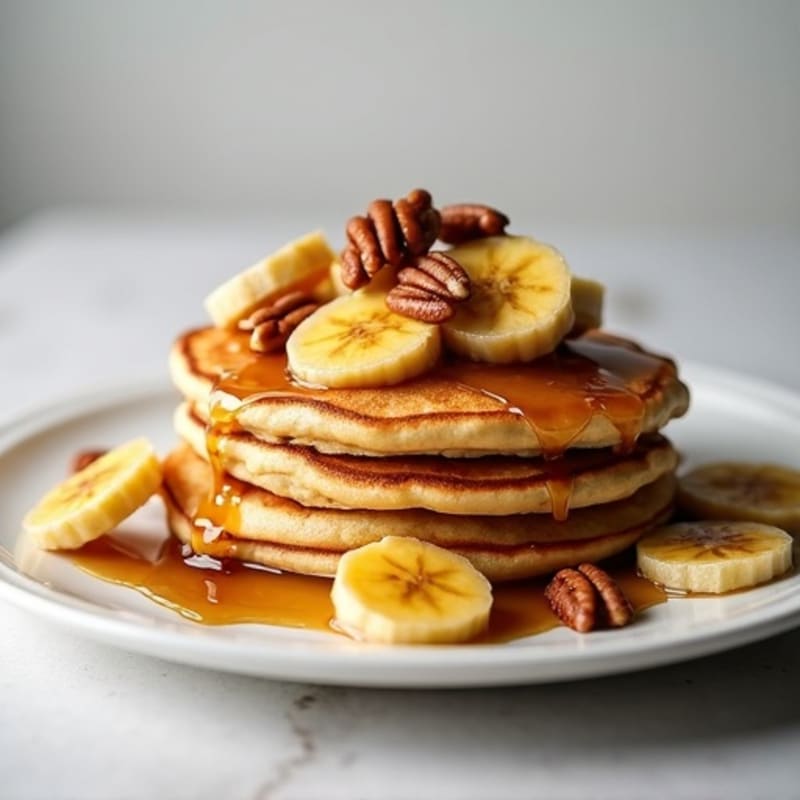 Fluffy Protein Pancakes with Warm Caramelized Bananas and Toasted Pecans