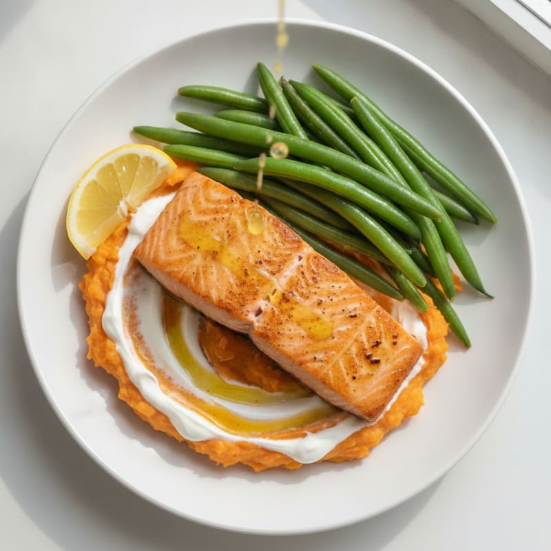 Seared Salmon with Steamed Green Beans and Sweet Potato Mash