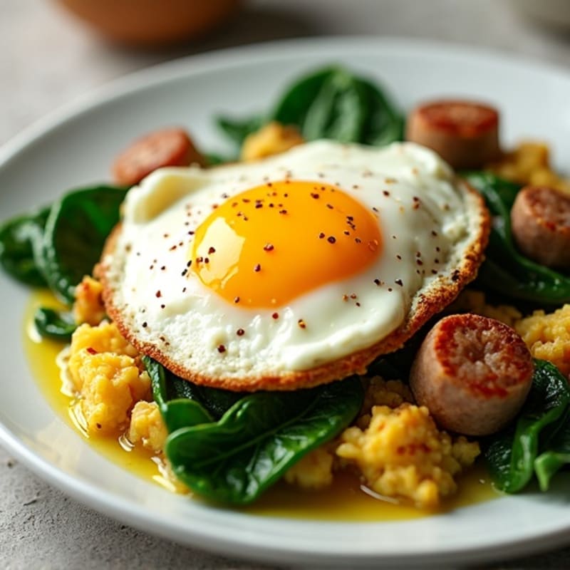 Egg White and Turkey Sausage Scramble with Cottage Cheese and Sautéed Spinach