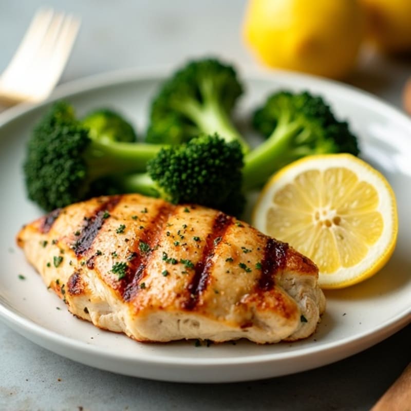 Grilled Chicken Breast with Steamed Broccoli and Lemon