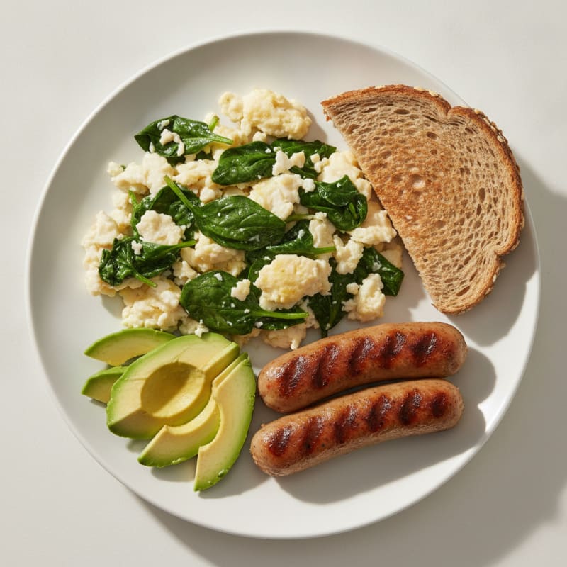 Egg White Spinach Scramble with Grilled Turkey Sausage