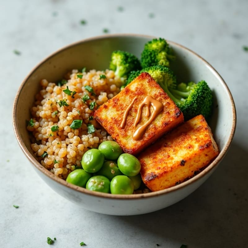 Crispy Peanut Tofu Bowl with Roasted Broccoli and Quinoa
