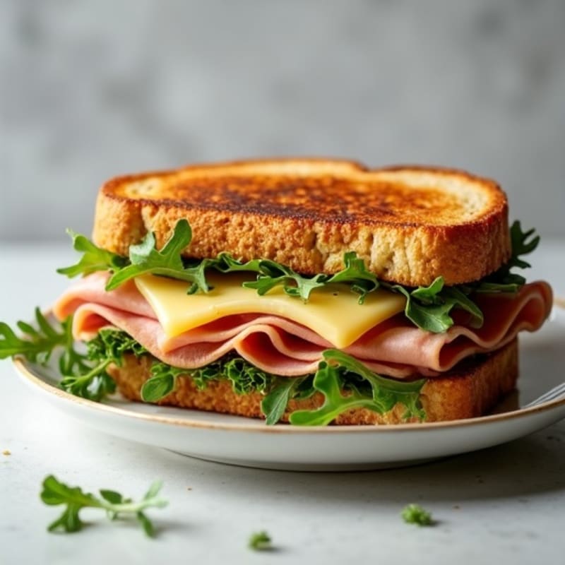 Crispy Whole Grain Ham and Swiss Grilled Sandwich with Arugula