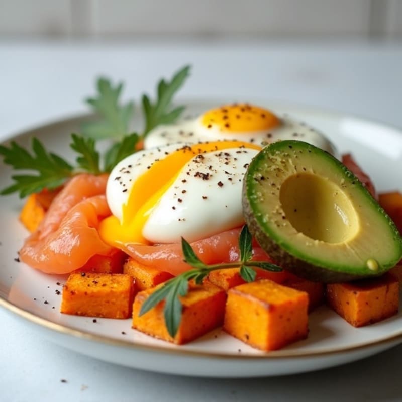 Poached Eggs with Smoked Salmon, Roasted Sweet Potato, and Creamy Avocado