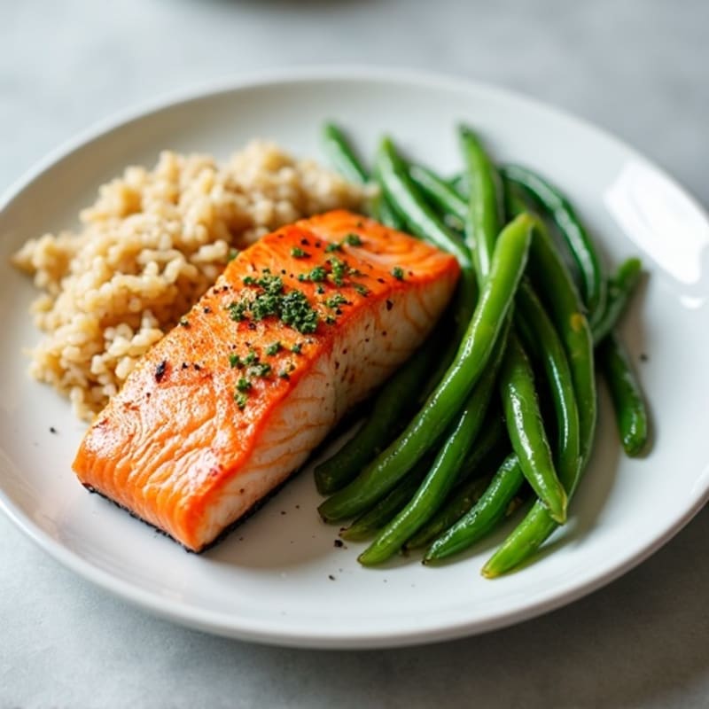 Seared Salmon with Garlic Green Beans and Brown Rice