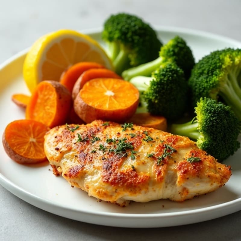 Crispy Lemon Herb Roasted Chicken with Roasted Broccoli and Sweet Potatoes
