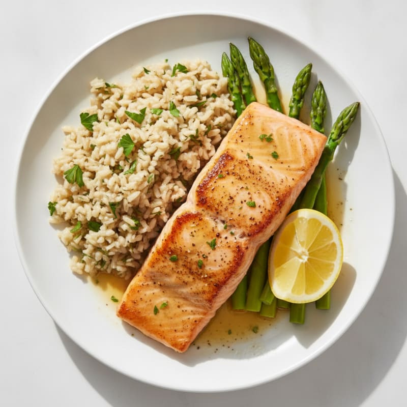 Seared Salmon Fillet with Steamed Asparagus and Herb Brown Rice