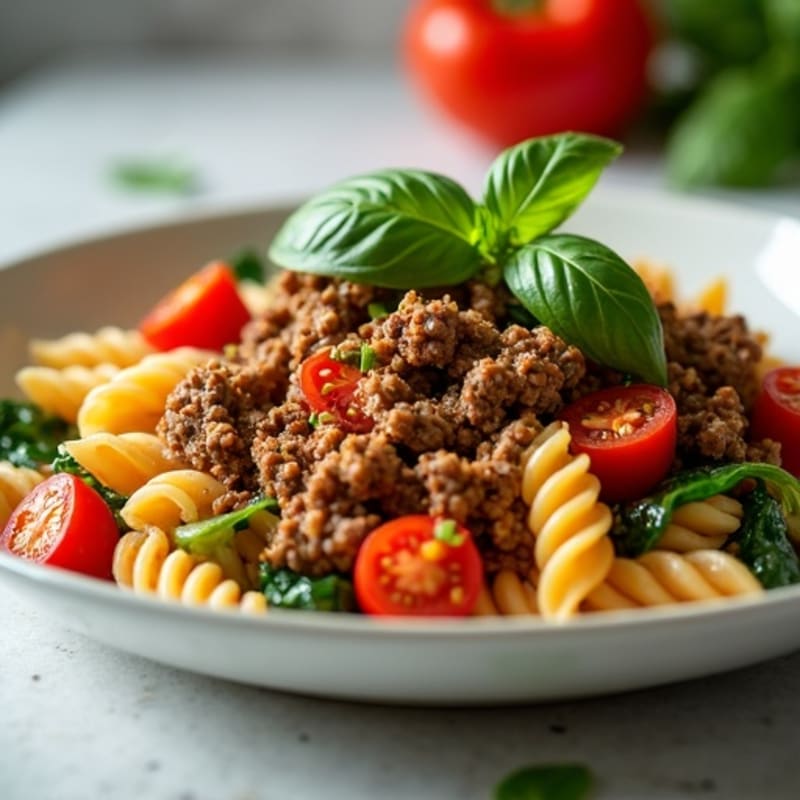 Lean Ground Beef and Whole Wheat Pasta with Garden Vegetables