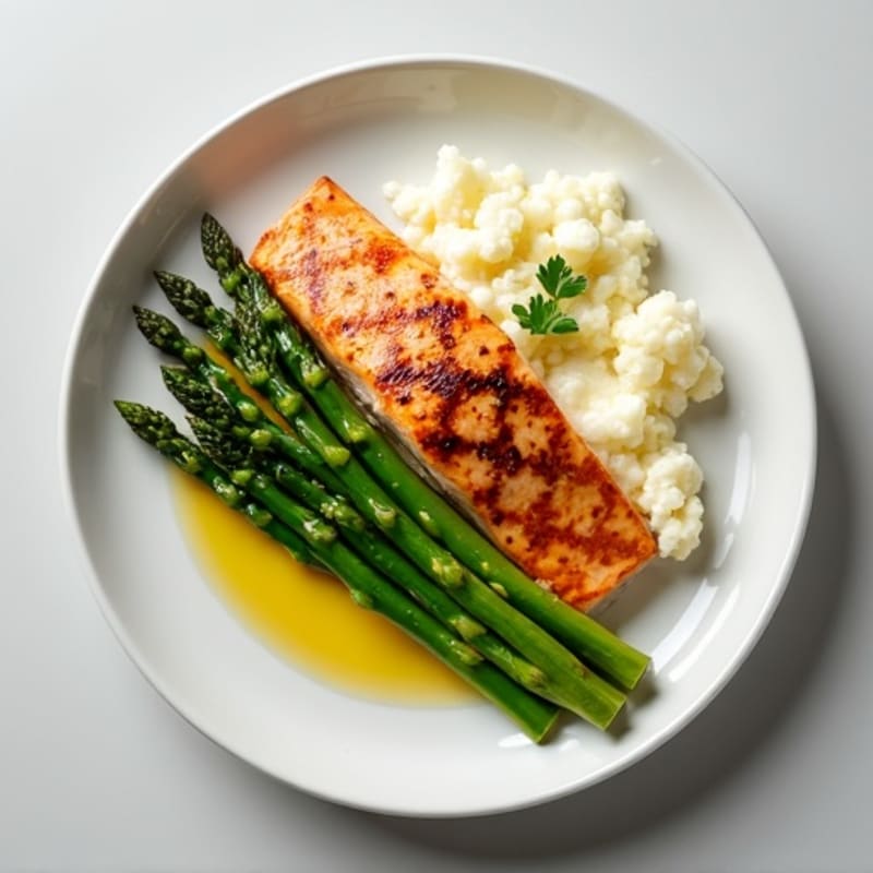 Seared Salmon with Steamed Asparagus and Garlic Cauliflower Mash