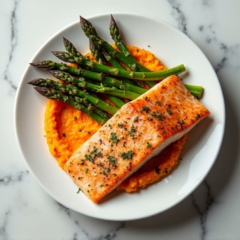 Seared Salmon Fillet with Roasted Asparagus and Sweet Potato Mash