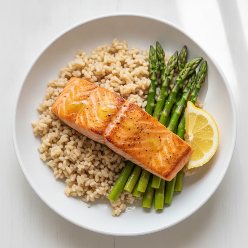 Seared Salmon Fillet with Steamed Asparagus and Brown Rice