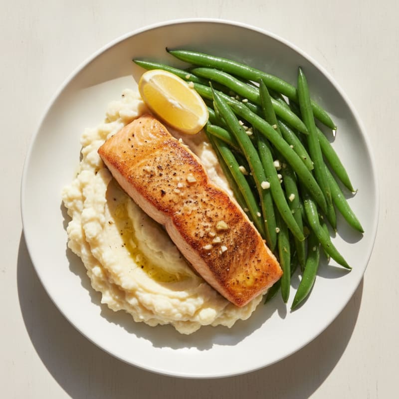 Seared Salmon with Steamed Green Beans and Cauliflower Mash
