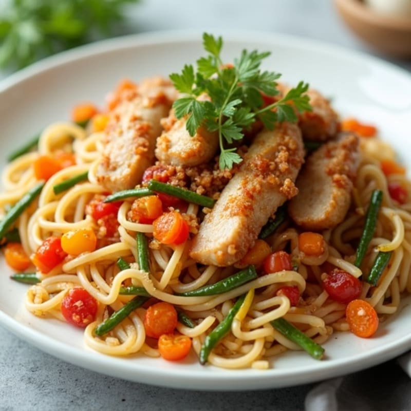 Crispy Pan-Seared Noodles with Lean Chicken and Vibrant Vegetables
