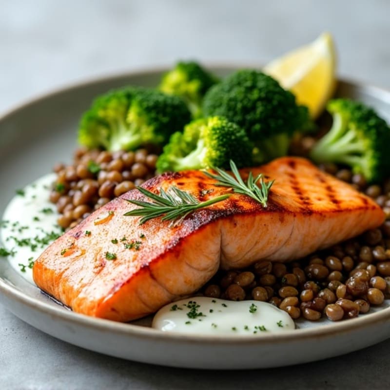Seared Salmon with Roasted Broccoli and Lentils
