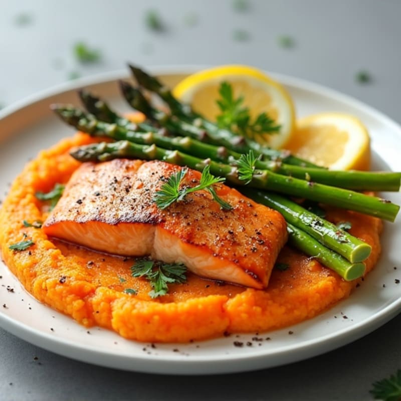 Seared Salmon with Roasted Asparagus and Sweet Potato Mash