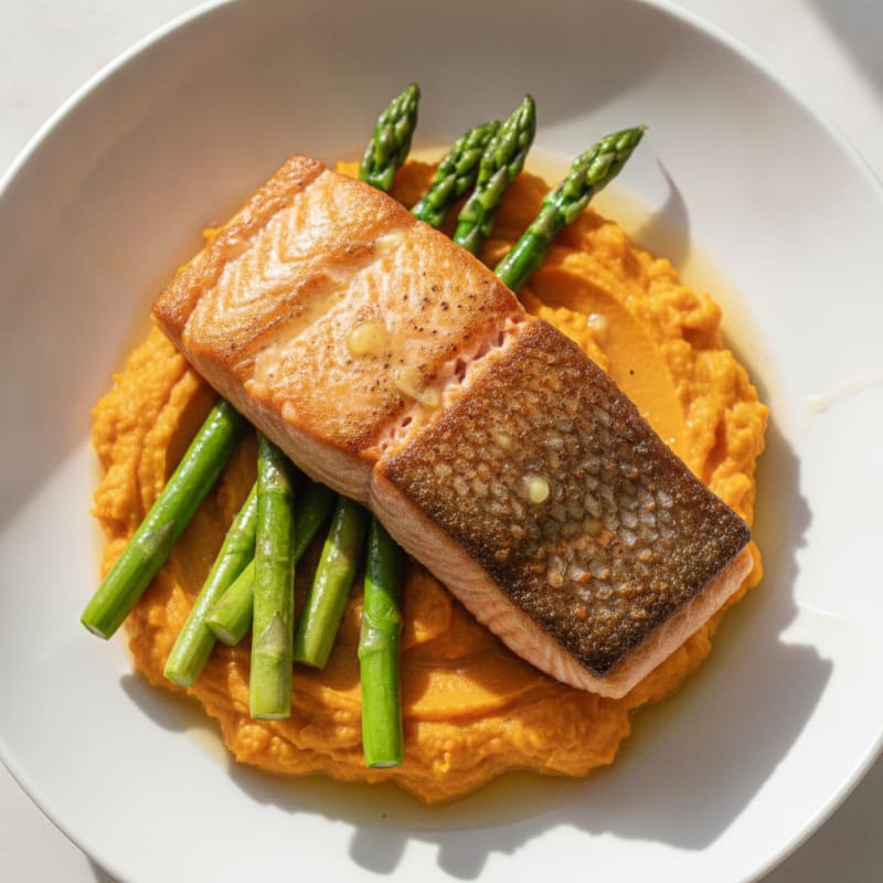 Seared Salmon with Steamed Asparagus and Sweet Potato Mash