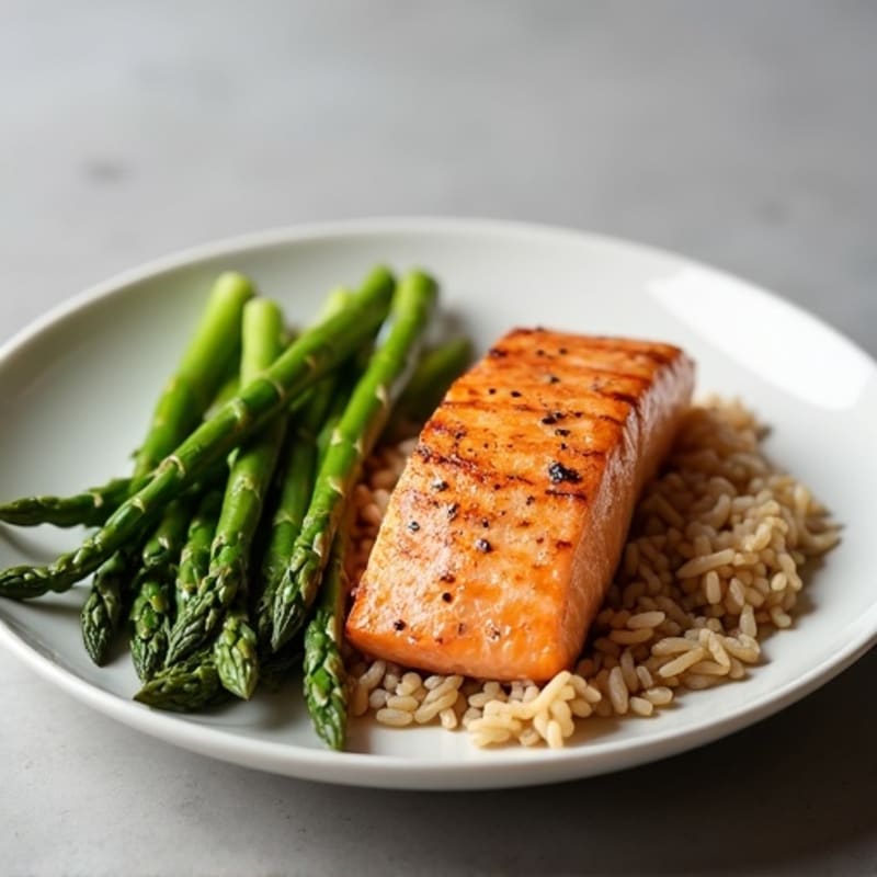 Seared Salmon with Steamed Asparagus and Brown Rice