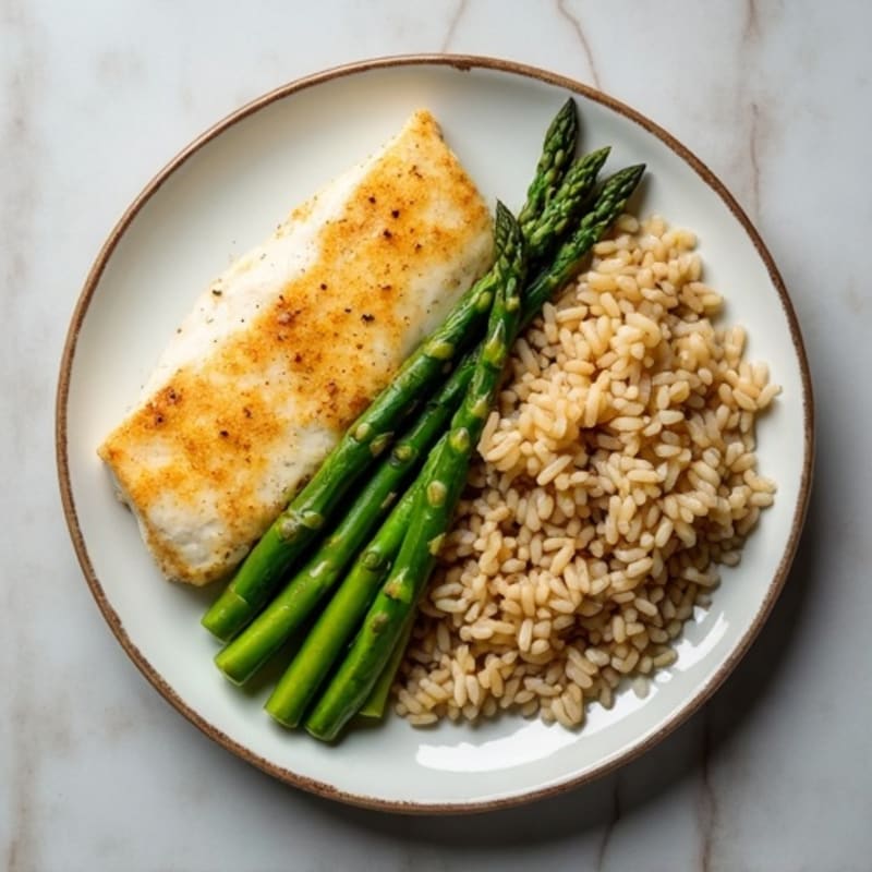 Baked Cod with Steamed Asparagus and Brown Rice