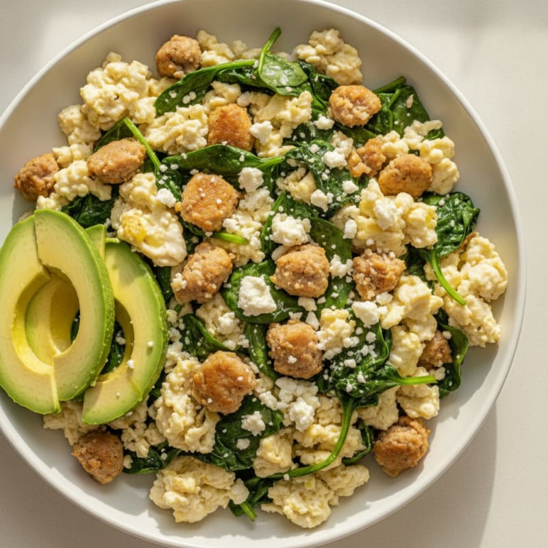 Egg White and Turkey Sausage Scramble with Spinach and Feta