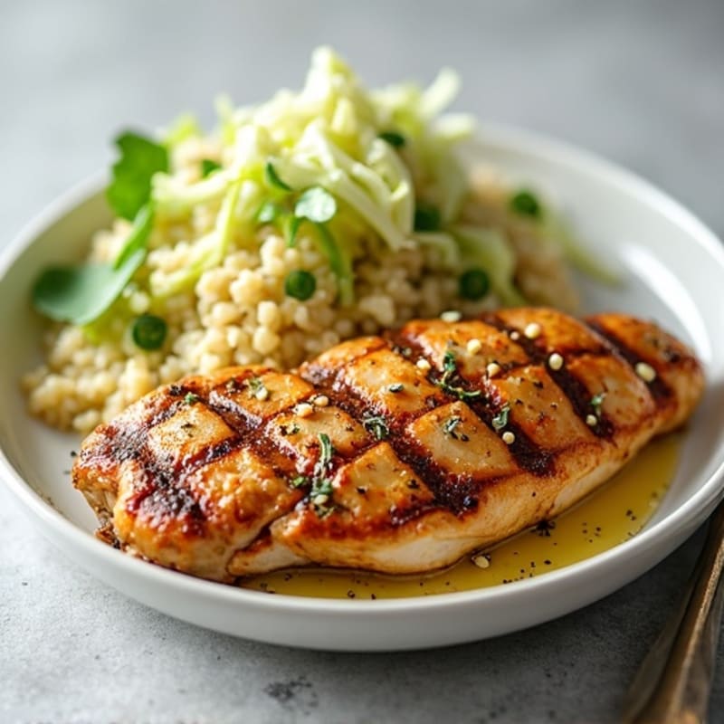Grilled Chicken Breast with Crunchy Cabbage Slaw and Quinoa