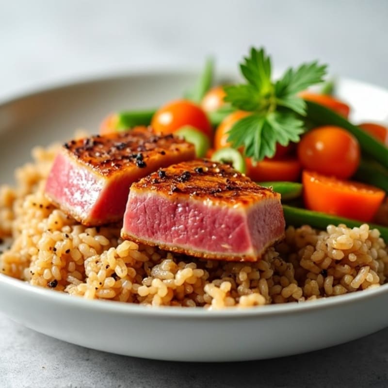 Sesame Ginger Ahi Tuna with Brown Rice and Crunchy Vegetables