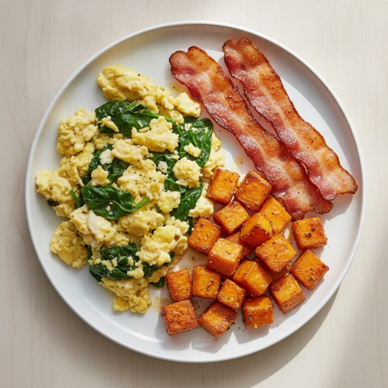 Scrambled Eggs with Crispy Bacon and Roasted Sweet Potatoes
