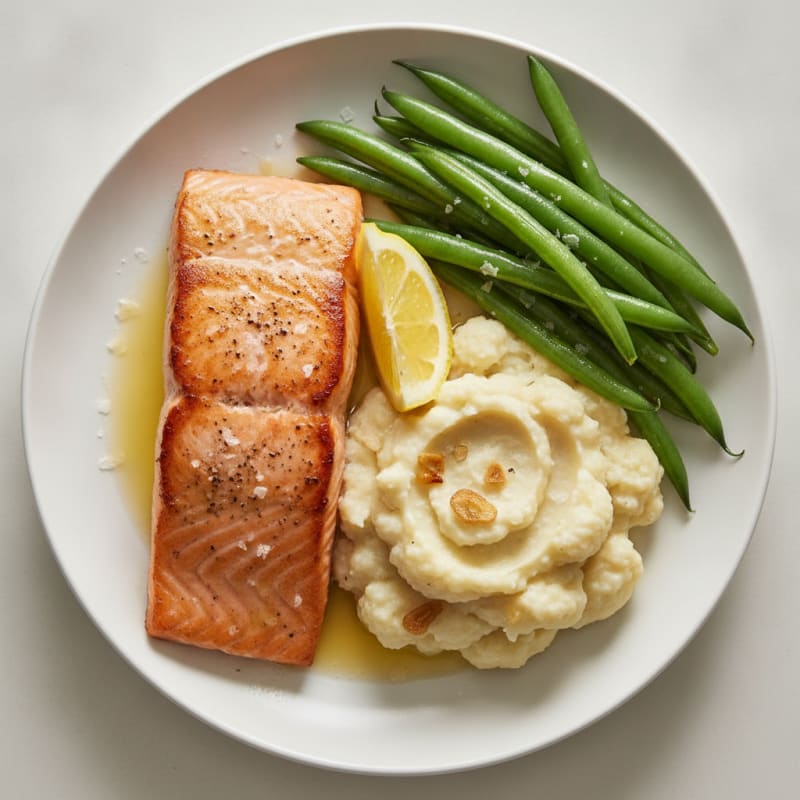 Seared Salmon with Steamed Green Beans and Garlic Mashed Cauliflower