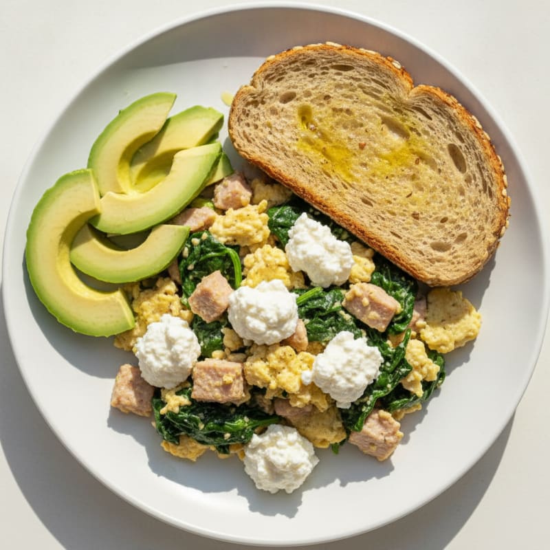 Cottage Cheese Scramble with Spinach and Smoked Turkey