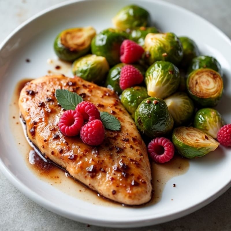 Pan-Seared Chicken with Creamy Raspberry-Balsamic Glaze and Crispy Roasted Brussels Sprouts